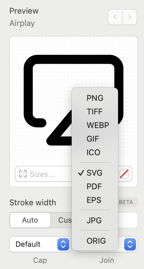 Экспорт иконки из органайзера IconJar дает возможность выбрать формат иконки